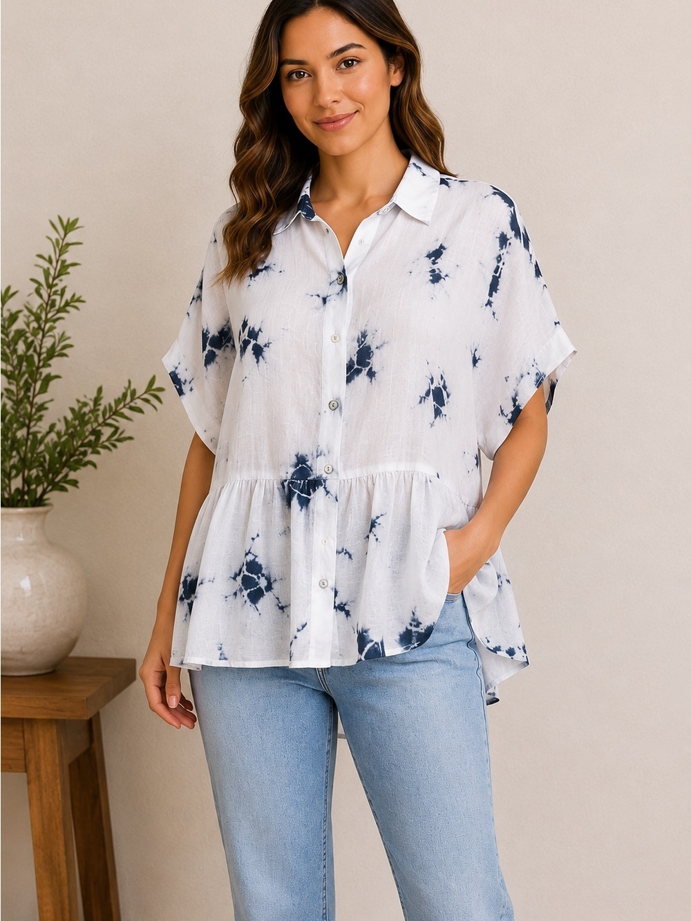 Rachel Zoe Coastal Beachy Top Womens Small Blue White Tie Dye Linen Peplum NWT